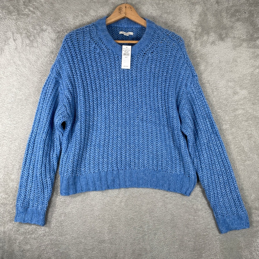 American Eagle Sweater Womens Small‎ Blue Chunky Ribbed Knit Crewneck Pullover